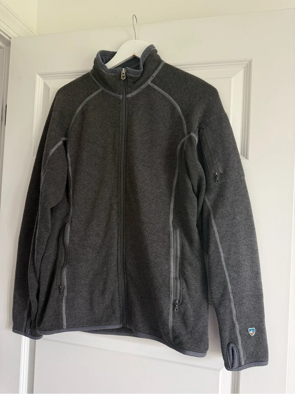 Kuhl Jacket Mens Medium Gray Alfpaca Fleece Full Zip Thumbholes Hiking Outdoor